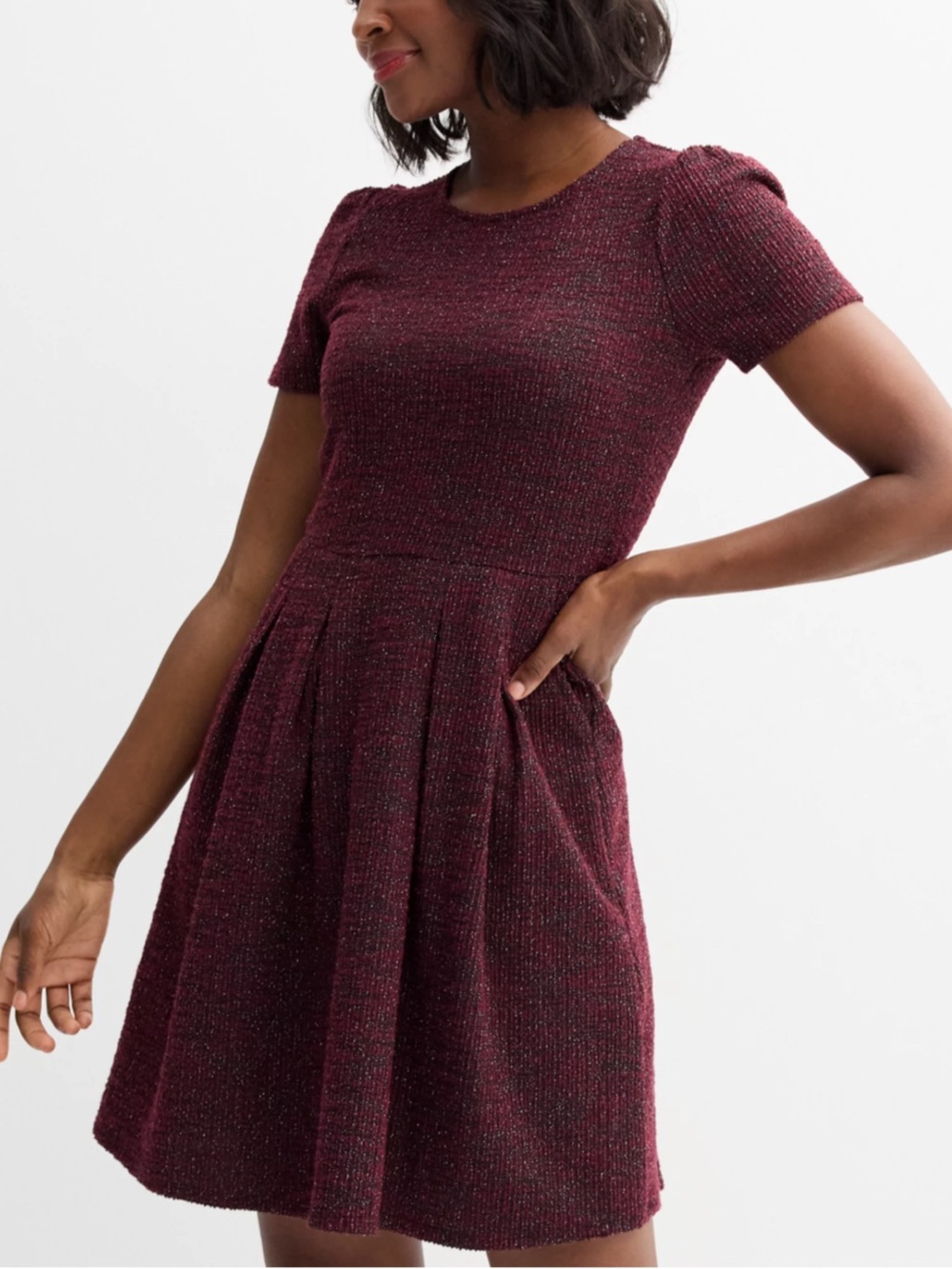 Draper James Boucle Fit & Flair Short Sleeve Dress w Metallic Thread, Pockets